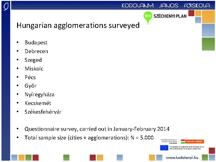 Hungarian agglomerations surveyed • • • Budapest Debrecen Szeged Miskolc Pécs Győr Nyíregyháza Kecskemét