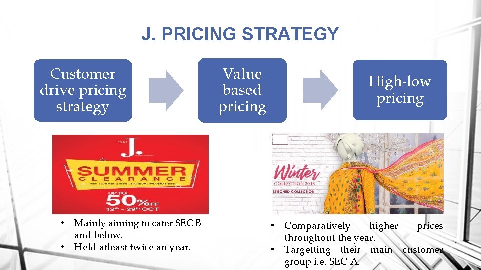 J. PRICING STRATEGY Customer drive pricing strategy • Mainly aiming to cater SEC B