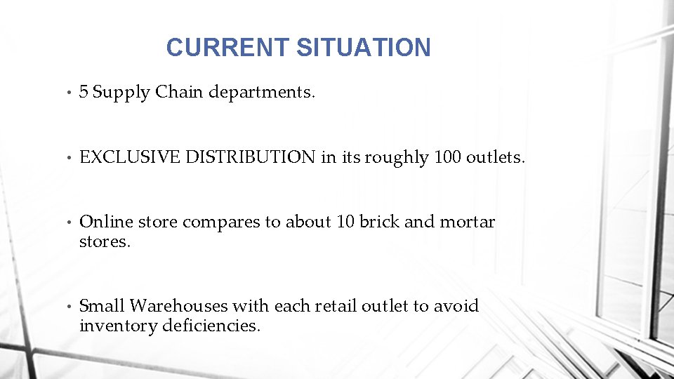 CURRENT SITUATION • 5 Supply Chain departments. • EXCLUSIVE DISTRIBUTION in its roughly 100