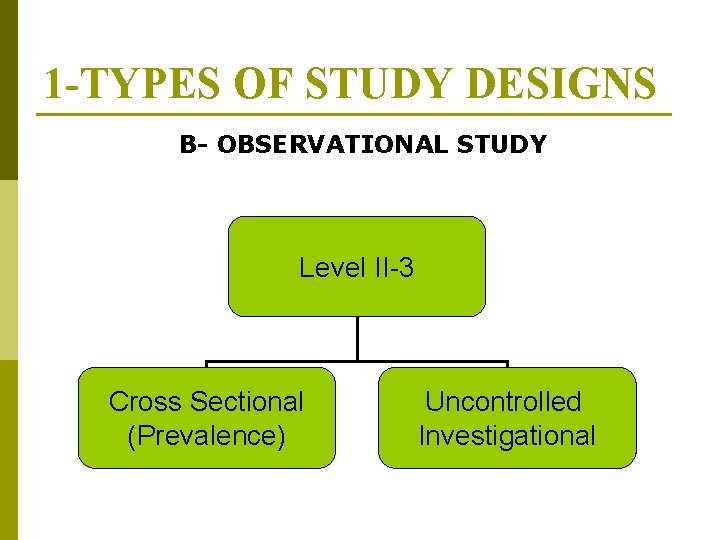1 -TYPES OF STUDY DESIGNS B- OBSERVATIONAL STUDY Level II-3 Cross Sectional (Prevalence) Uncontrolled