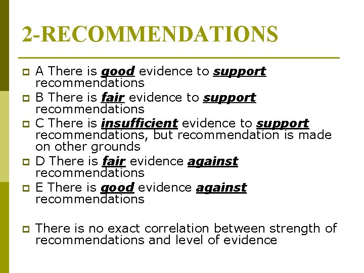 2 -RECOMMENDATIONS p p p A There is good evidence to support recommendations B