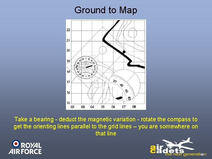 Ground to Map Take a bearing - deduct the magnetic variation - rotate the