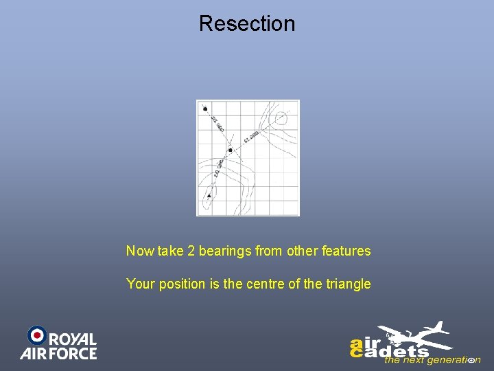 Resection Now take 2 bearings from other features Your position is the centre of