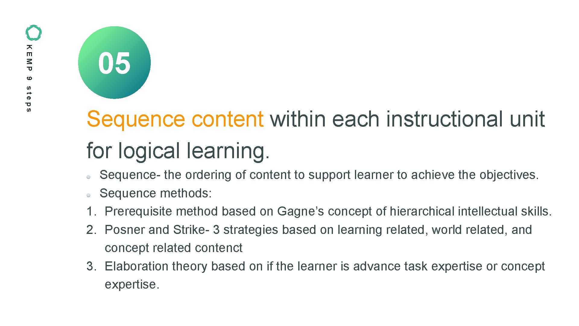 KEMP 9 steps 05 Sequence content within each instructional unit for logical learning. Sequence-