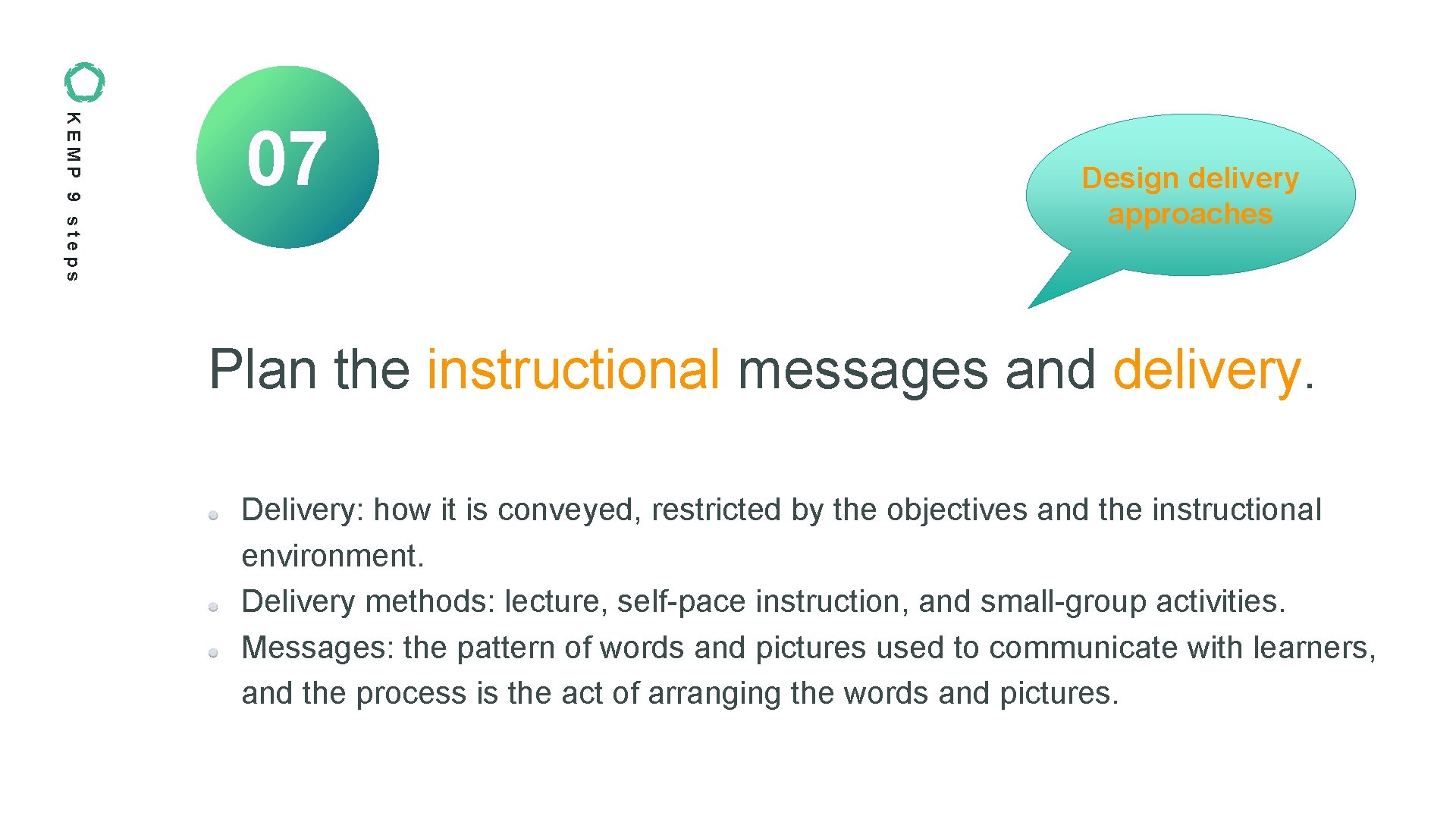 KEMP 9 steps 07 Design delivery approaches Plan the instructional messages and delivery. Delivery: KEMP 9 steps 07 Design delivery approaches Plan the instructional messages and delivery. Delivery: