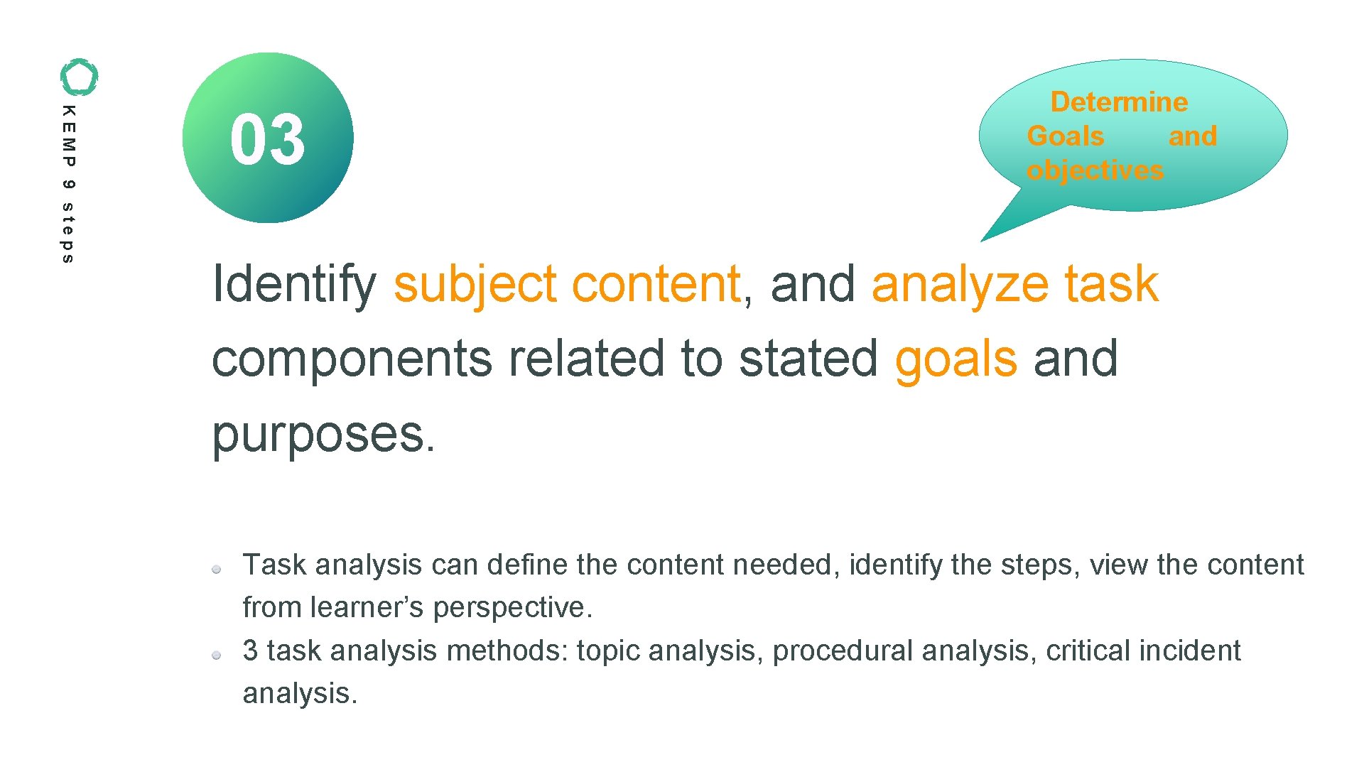 KEMP 9 steps 03 Determine Goals and objectives Identify subject content, and analyze task KEMP 9 steps 03 Determine Goals and objectives Identify subject content, and analyze task