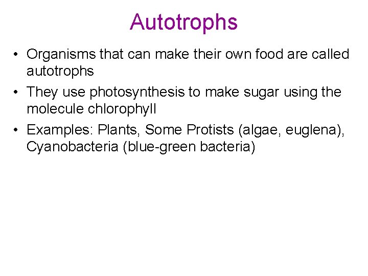 Autotrophs • Organisms that can make their own food are called autotrophs • They