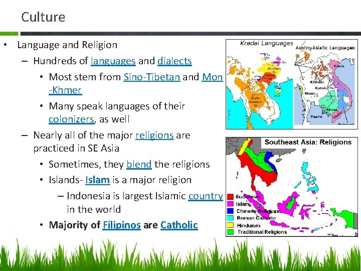 Culture • Language and Religion – Hundreds of languages and dialects • Most stem