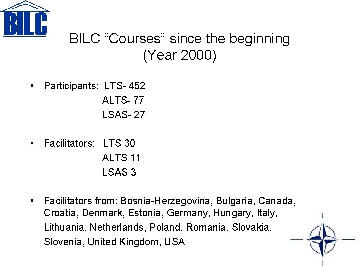 BILC “Courses” since the beginning (Year 2000) • Participants: LTS- 452 ALTS- 77 LSAS-