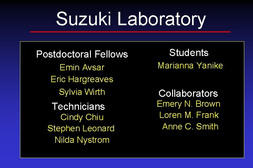 Suzuki Laboratory Postdoctoral Fellows Students Emin Avsar Eric Hargreaves Sylvia Wirth Marianna Yanike Technicians