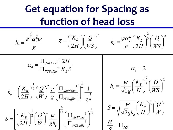 Get equation for Spacing as function of head loss 