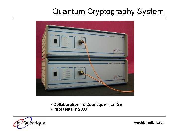 Quantum Cryptography System • Collaboration: id Quantique – Uni. Ge • Pilot tests in