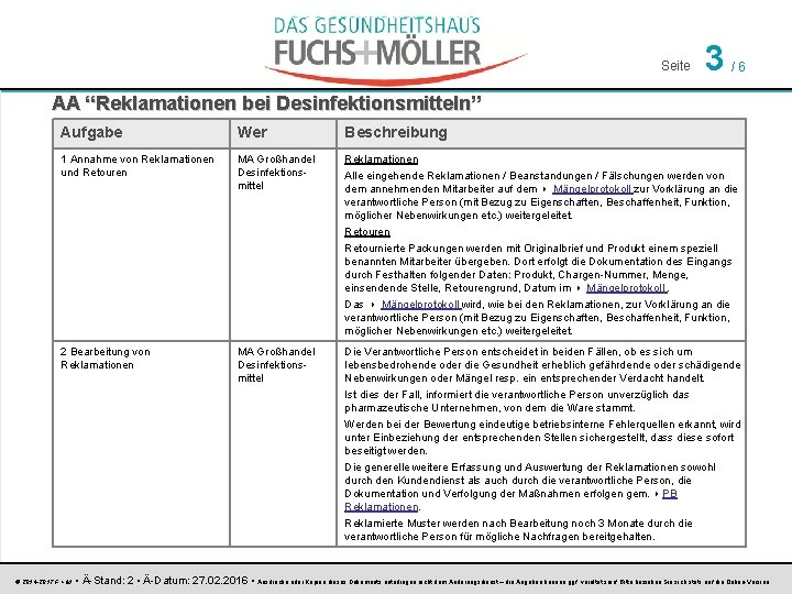 Seite 3 /6 AA “Reklamationen bei Desinfektionsmitteln” Aufgabe Wer Beschreibung 1 Annahme von Reklamationen