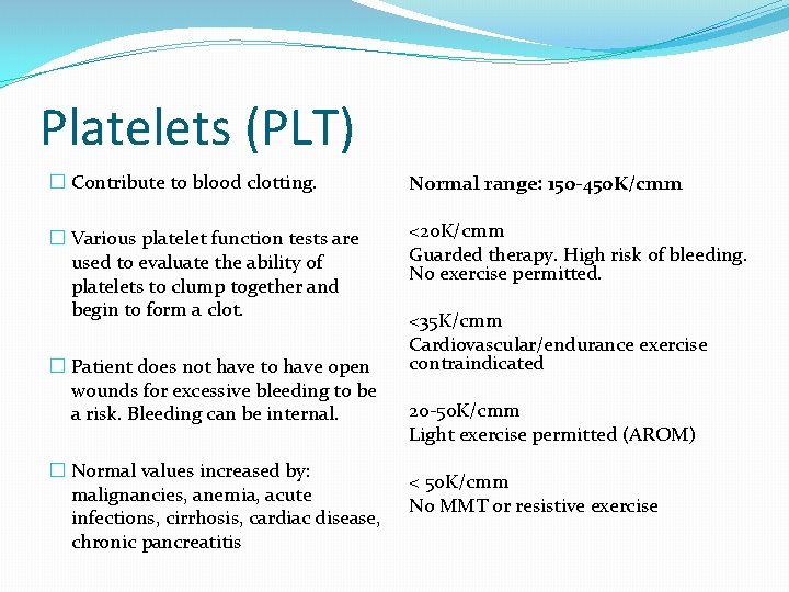 Platelets (PLT) � Contribute to blood clotting. Normal range: 150 -450 K/cmm � Various
