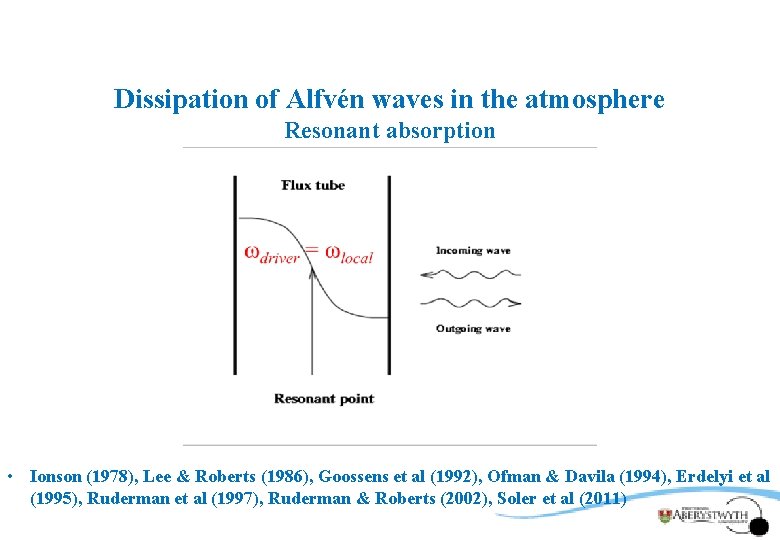 Dissipation of Alfvén waves in the atmosphere Resonant absorption • Ionson (1978), Lee &