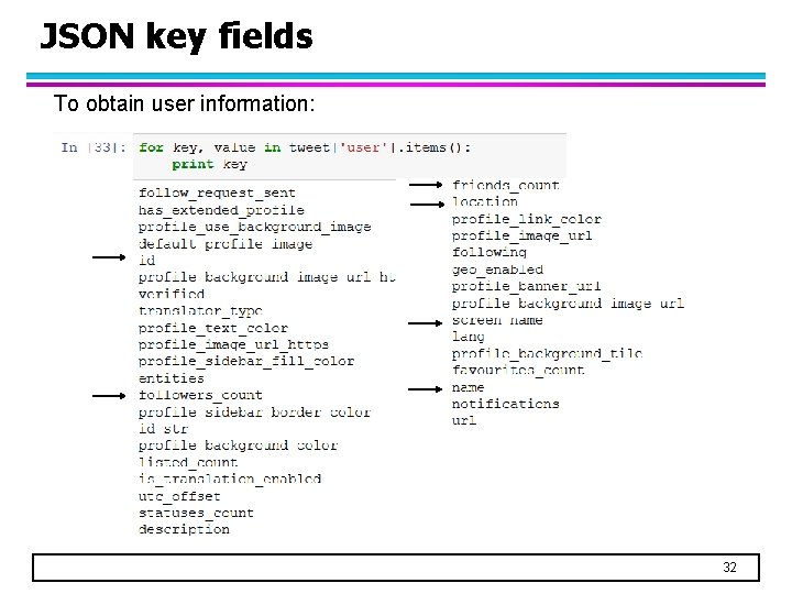 JSON key fields To obtain user information: 32 