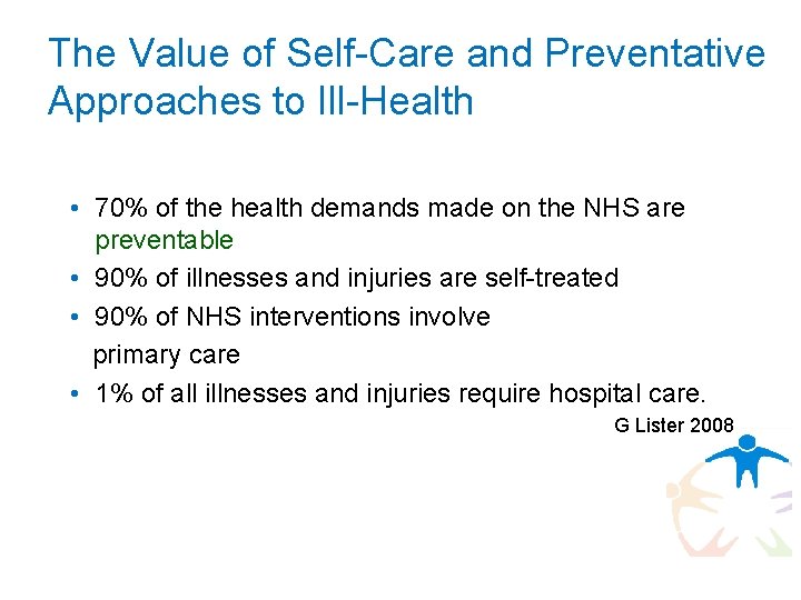 The Value of Self-Care and Preventative Approaches to Ill-Health • 70% of the health