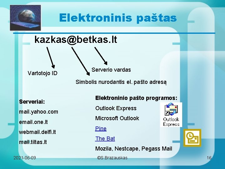 Elektroninis paštas kazkas@betkas. lt Vartotojo ID Serverio vardas Simbolis nurodantis el. pašto adresą Serveriai: