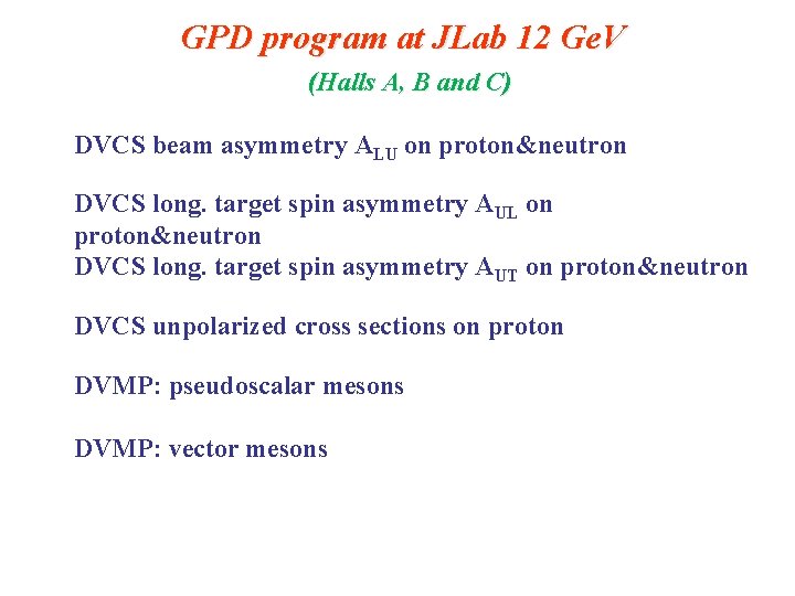 GPD program at JLab 12 Ge. V (Halls A, B and C) DVCS beam