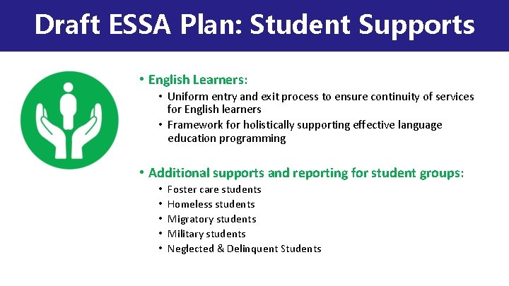 Draft ESSA Plan: Student Supports • English Learners: • Uniform entry and exit process