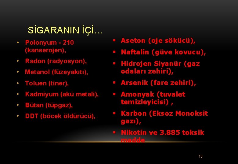 SİGARANIN İÇİ. . . • Polonyum - 210 (kanserojen), Aseton (oje sökücü), • Radon