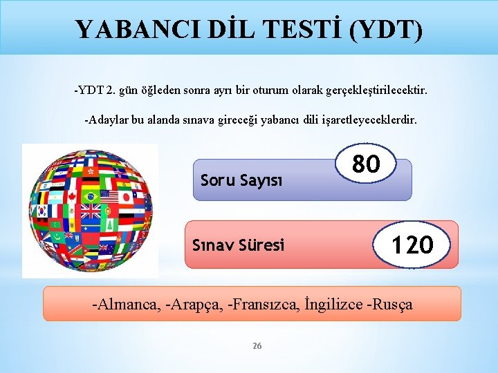 YABANCI DİL TESTİ (YDT) -YDT 2. gün öğleden sonra ayrı bir oturum olarak gerçekleştirilecektir.