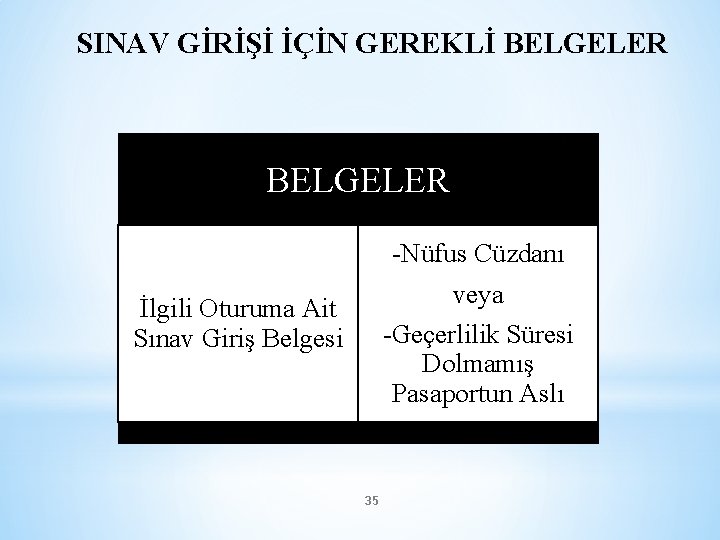 SINAV GİRİŞİ İÇİN GEREKLİ BELGELER -Nüfus Cüzdanı veya İlgili Oturuma Ait Sınav Giriş Belgesi