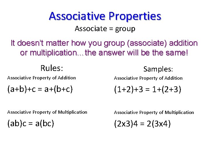 Associative Properties Associate = group It doesn’t matter how you group (associate) addition or