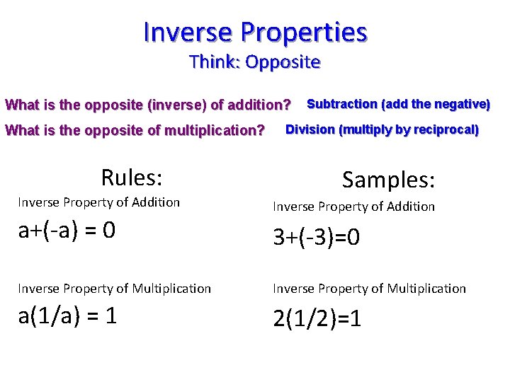Inverse Properties Think: Opposite What is the opposite (inverse) of addition? What is the