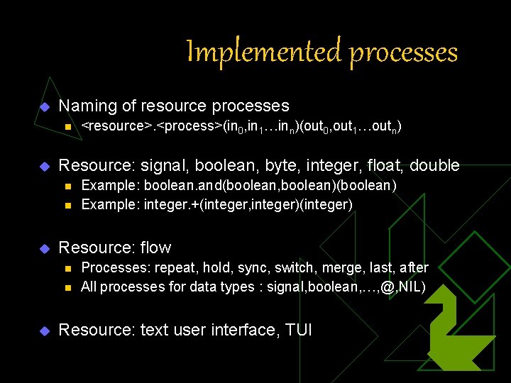 Implemented processes u Naming of resource processes n u Resource: signal, boolean, byte, integer,