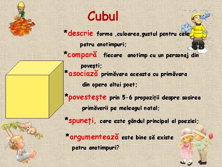 Cubul *descrie forma , culoarea, gustul pentru cele patru anotimpuri; *compară fiecare anotimp cu