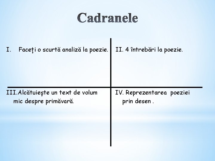 I. Faceți o scurtă analiză la poezie. III. Alcătuiește un text de volum mic