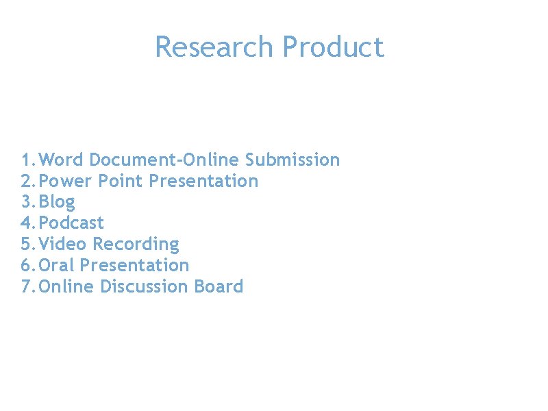 Research Product 1. Word Document-Online Submission 2. Power Point Presentation 3. Blog 4. Podcast