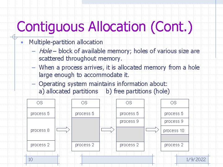 Contiguous Allocation (Cont. ) • Multiple-partition allocation – Hole – block of available memory;
