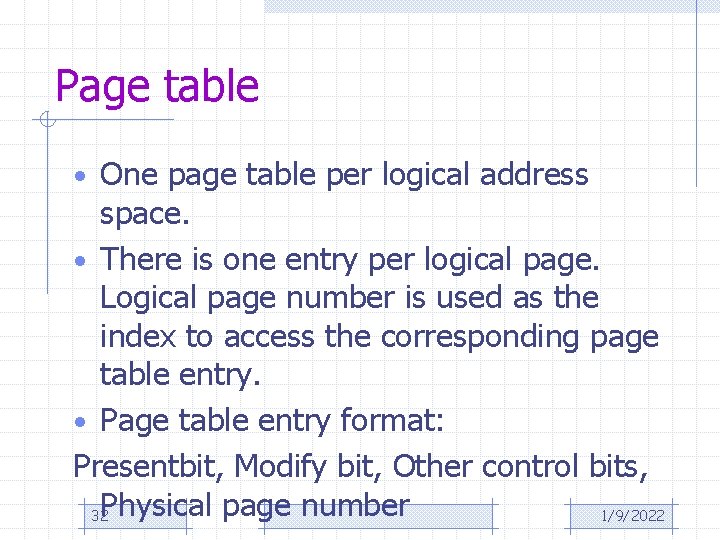 Page table • One page table per logical address space. • There is one