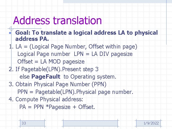 Address translation • Goal: To translate a logical address LA to physical address PA.