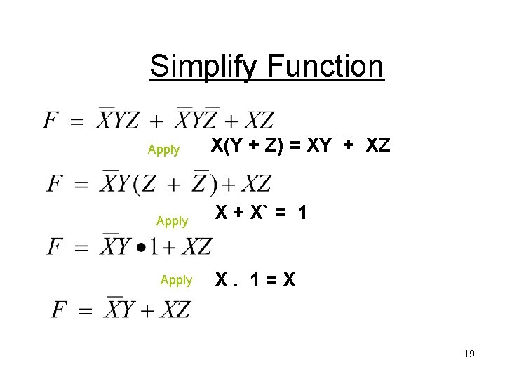 Simplify Function Apply X(Y + Z) = XY + XZ X + X` =