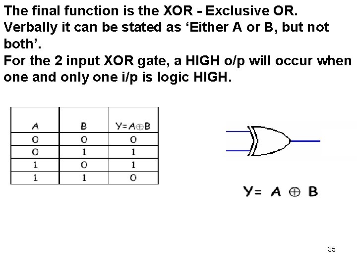The final function is the XOR - Exclusive OR. Verbally it can be stated