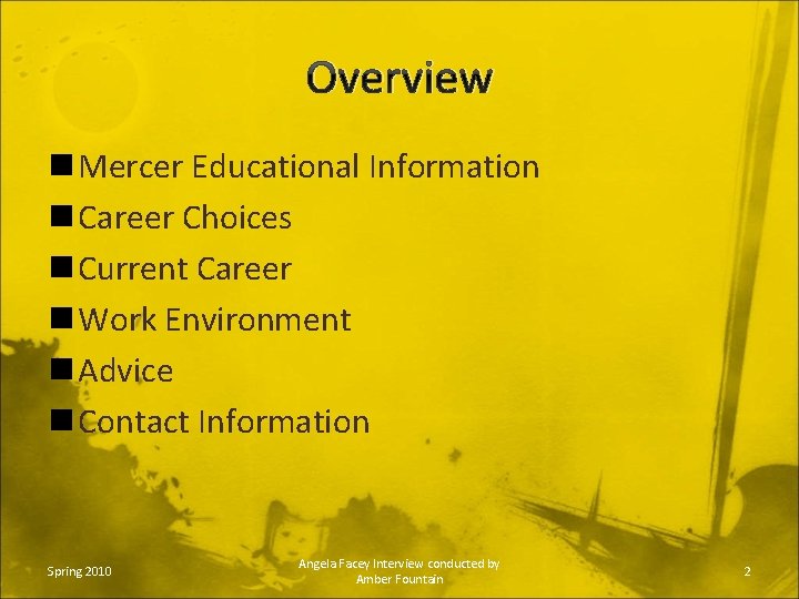 Overview n Mercer Educational Information n Career Choices n Current Career n Work Environment