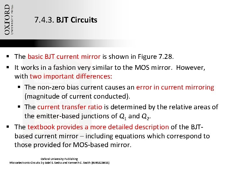 7. 4. 3. BJT Circuits § The basic BJT current mirror is shown in