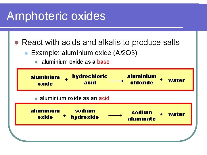 Amphoteric oxides l React with acids and alkalis to produce salts l Example: aluminium