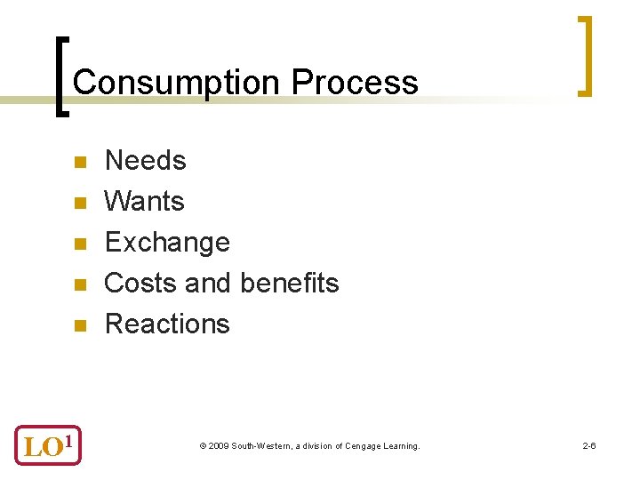 Consumption Process n n n LO 1 Needs Wants Exchange Costs and benefits Reactions