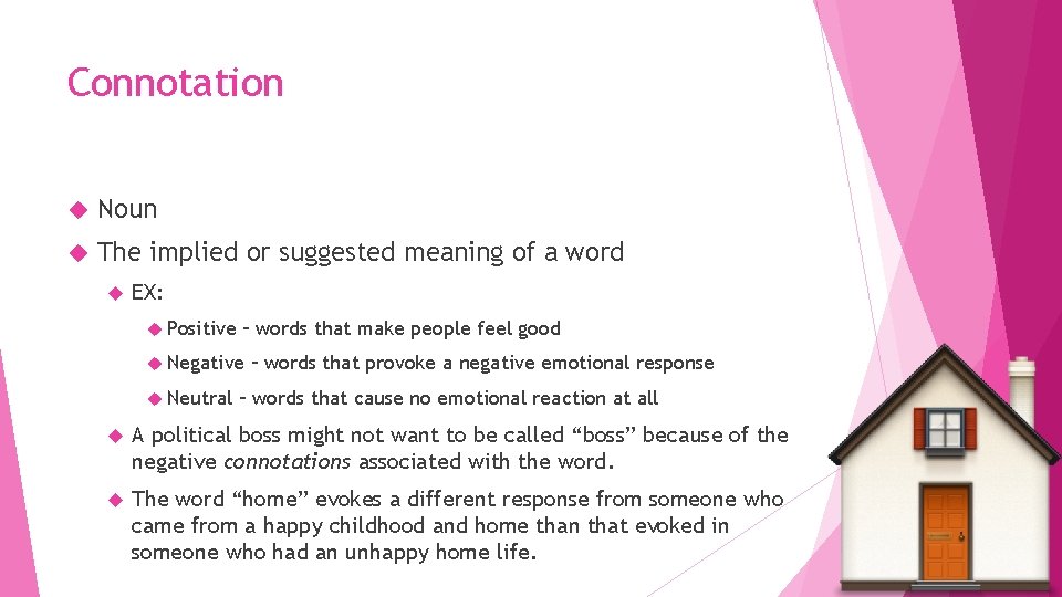 Connotation Noun The implied or suggested meaning of a word EX: Positive – words
