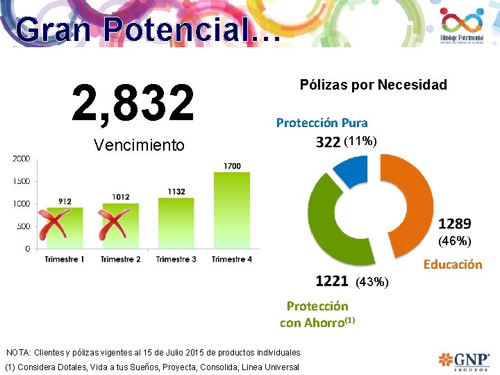 Gran Potencial… 2, 832 Pólizas por Necesidad Protección Pura (11%) Vencimiento s (46%) Educación