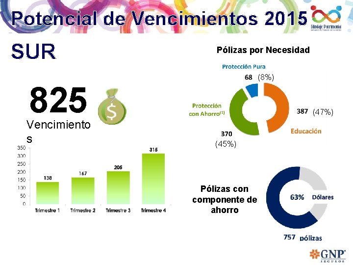 Potencial de Vencimientos 2015 SUR Pólizas por Necesidad (8%) 825 Vencimiento s (47%) (45%)