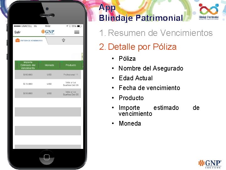 App Blindaje Patrimonial 1. Resumen de Vencimientos 2. Detalle por Póliza • Nombre del