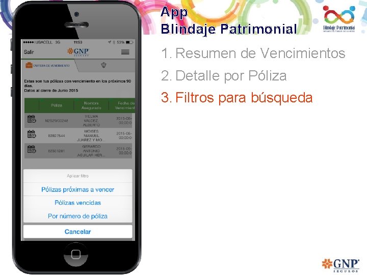 App Blindaje Patrimonial 1. Resumen de Vencimientos 2. Detalle por Póliza 3. Filtros para