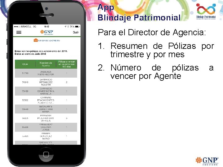 App Blindaje Patrimonial Para el Director de Agencia: 1. Resumen de Pólizas por trimestre