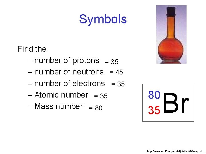 Symbols Find the – number of protons = 35 – number of neutrons =