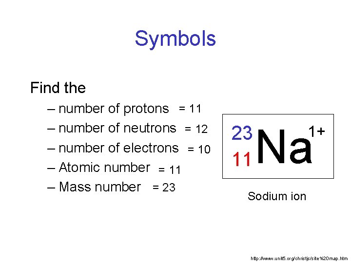 Symbols Find the – number of protons = 11 – number of neutrons =
